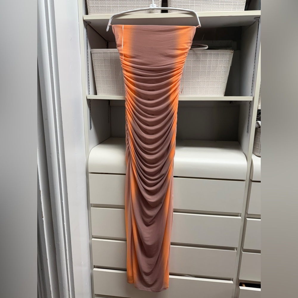 AFRM Ruched Tube Midi Dress in Orange Linear
